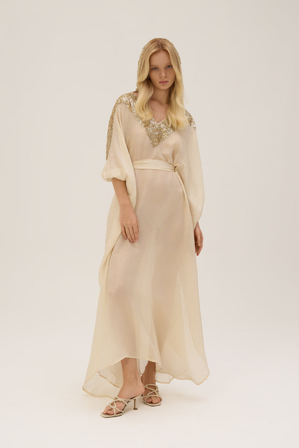 thumbnail image 2 of Handmade Moroccan Caftan / Kaftan For Women - Beige Cotton Blend Summer Beach Dress 2 of 5