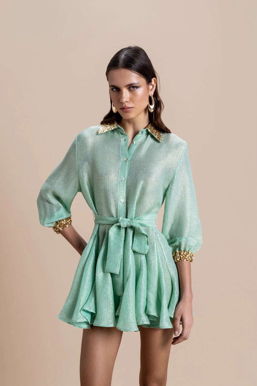 Woman Dive Silk Mini Dress Aqua Gold 2001080 | Sana Osmani