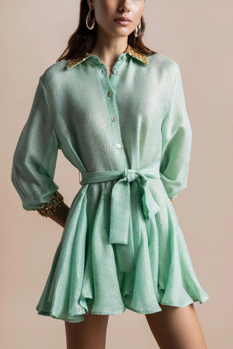 Woman Dive Silk Mini Dress Aqua Gold 2001080 | Sana Osmani