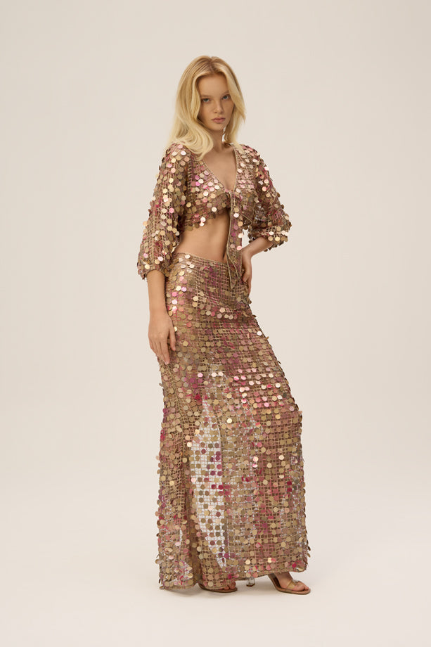 Woman MAGNET TOP AND EVOKE SKIRT SET Gold Sequin 2002177 | Sana Osmani