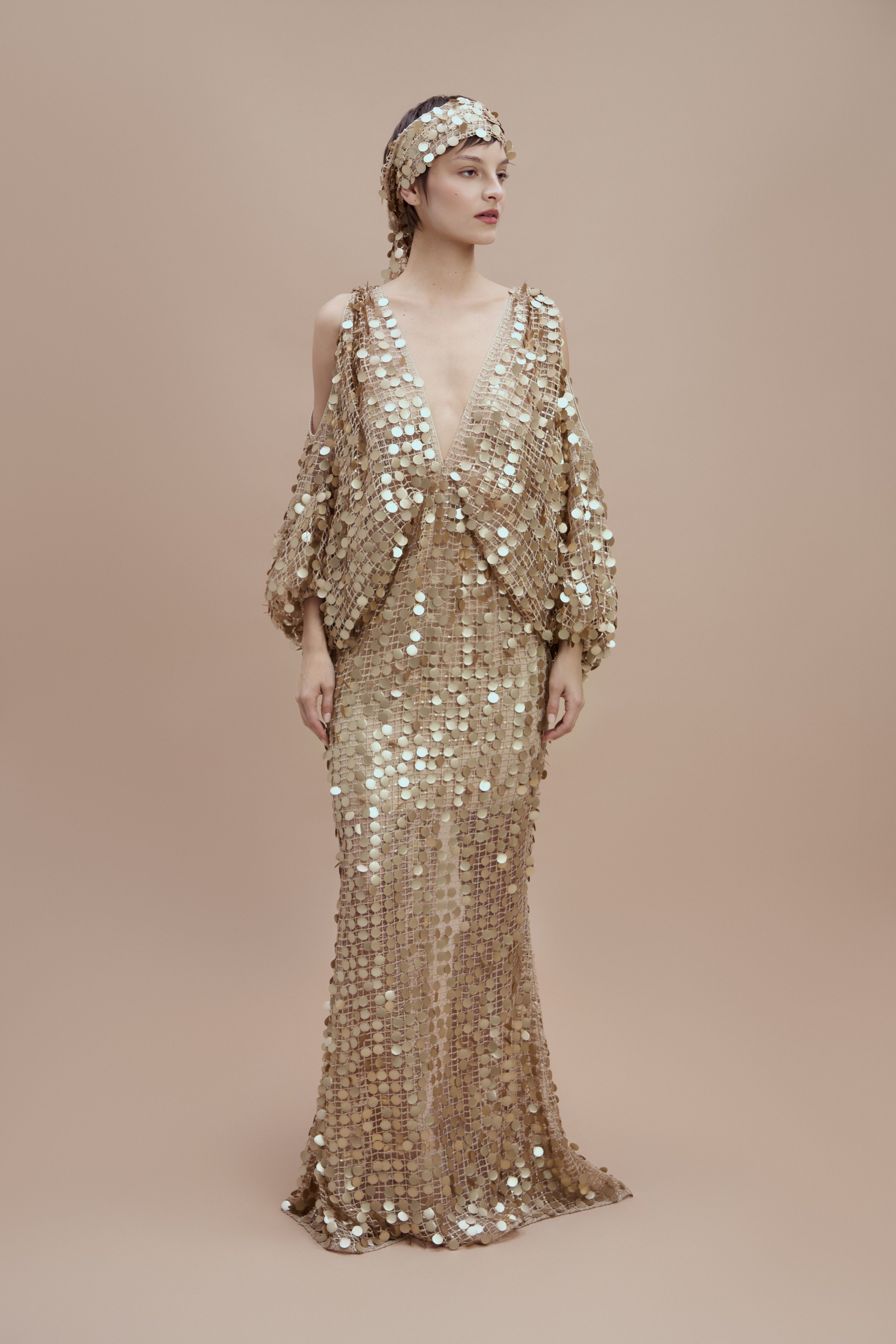 Woman Gold Mimi Sequin Dress with Deep V-Neck and Slit Sleeves 2001903 | Sana Osmani Woman Gold Mimi Sequin Dress with Deep V-Neck and Slit Sleeves 2001903 | Sana Osmani