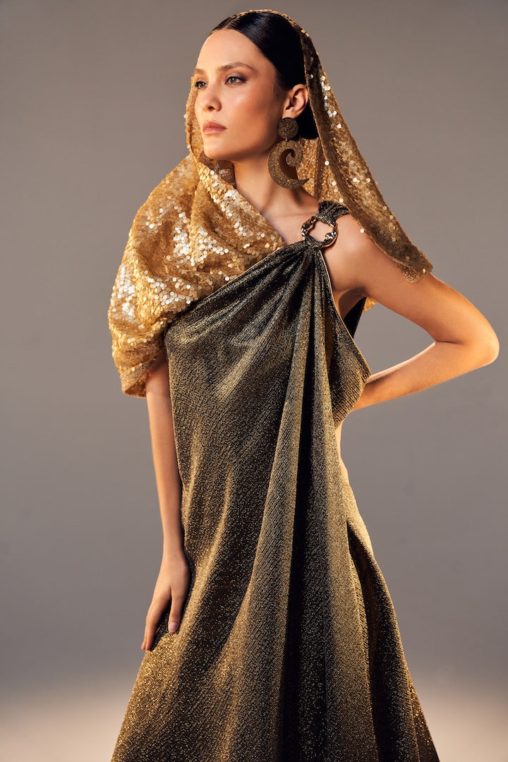 Woman APHRODITE MAXI SILK DRESS Golden Black 2003060 | Sana Osmani