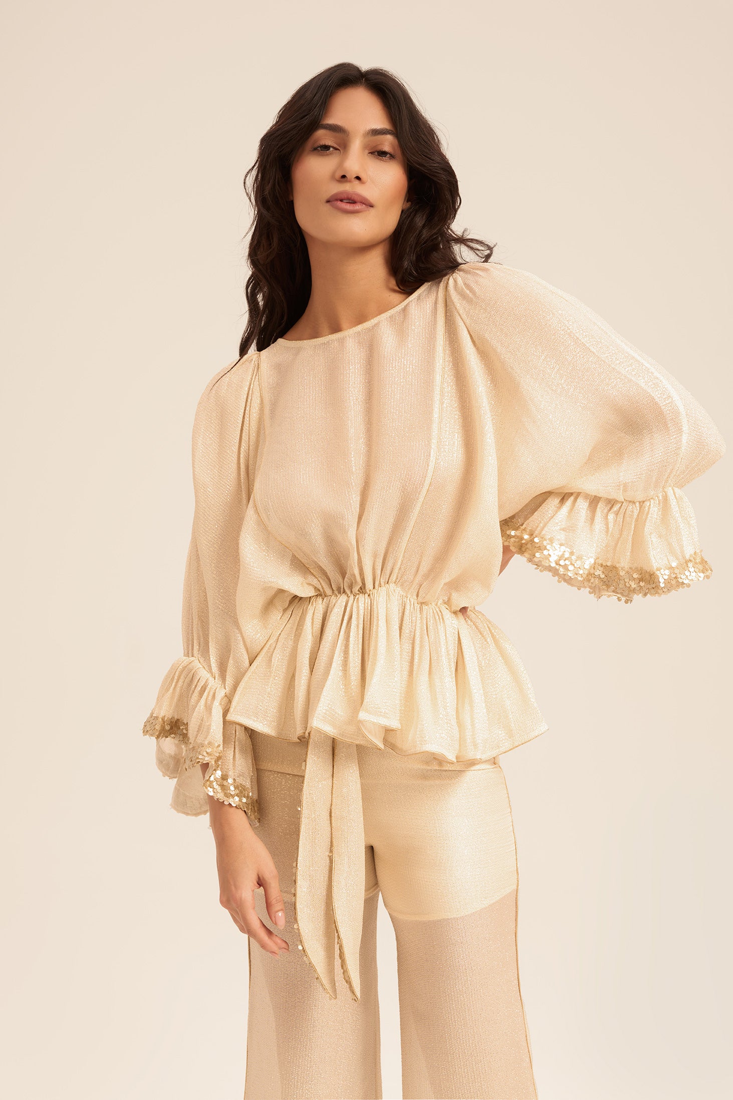 Woman ALINA SILK SHIRT AND PANTS SET OFF WHITE GOLD 2002718 | Sana Osmani