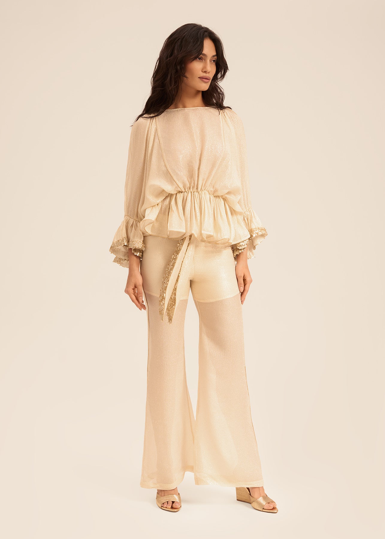 Woman ALINA SILK SHIRT AND PANTS SET OFF WHITE GOLD 2002718 | Sana Osmani