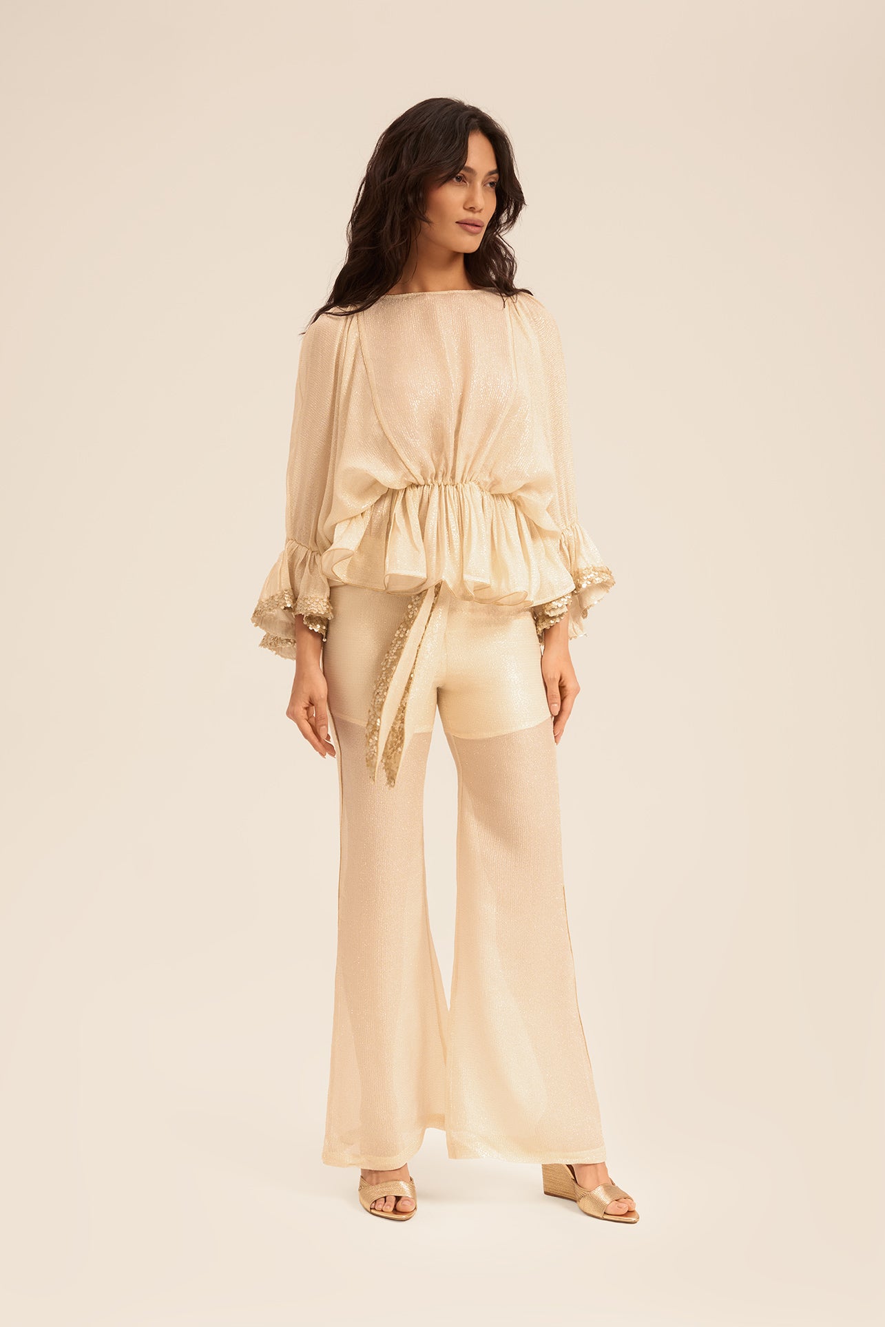 Woman ALINA SILK SHIRT AND PANTS SET OFF WHITE GOLD 2002718 | Sana Osmani