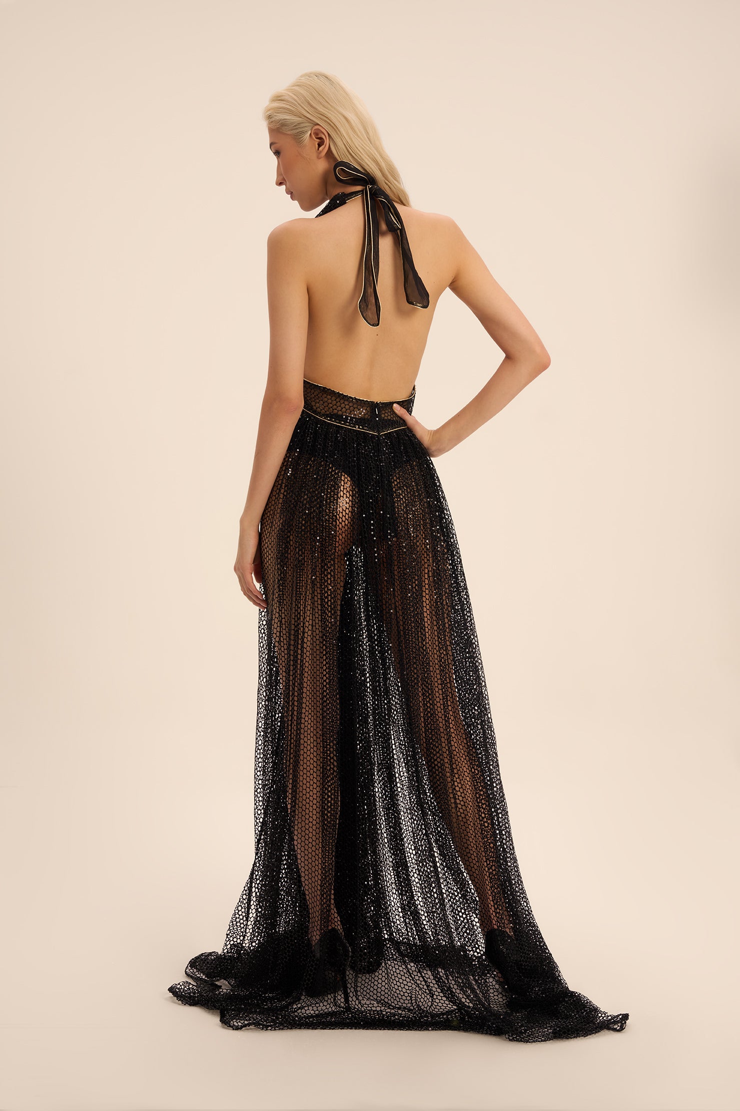 Woman Divina Sequin Dress with Plunging V-Neckline and Open Back Gold 2002187 | Sana Osmani