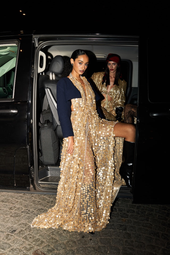 Woman Divina Sequin Dress with Plunging V-Neckline and Open Back Gold 2002187 | Sana Osmani