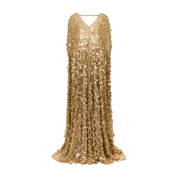 Woman Gold Sequin Diva Sequin Kaftan with Front And Back Deep V-Neck and Sheer Finish 2001881 | Sana Osmani Woman Gold Sequin Diva Sequin Kaftan with Front And Back Deep V-Neck and Sheer Finish 2001881 | Sana Osmani