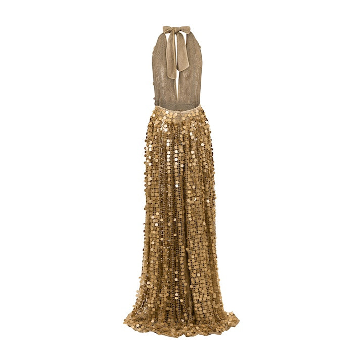 Woman Divina Sequin Dress with Plunging V-Neckline and Open Back Gold 2002187 | Sana Osmani