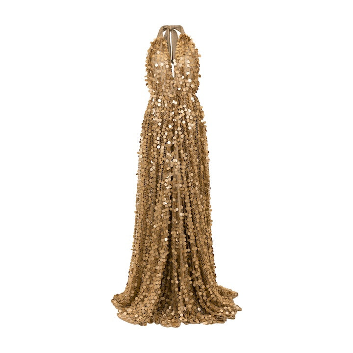 Woman Divina Sequin Dress with Plunging V-Neckline and Open Back Gold 2002187 | Sana Osmani