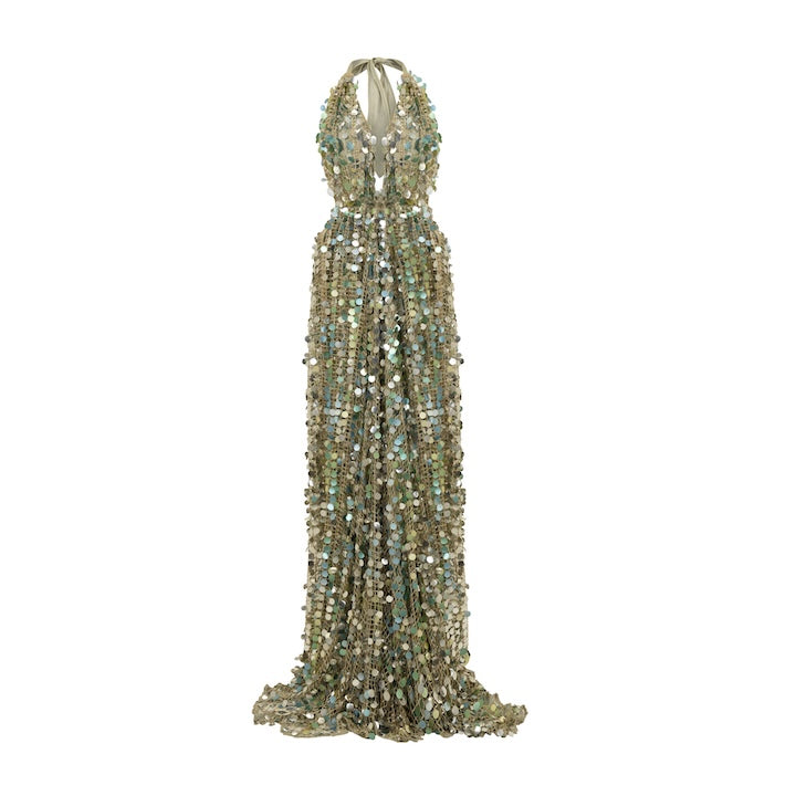 Woman Divina Sequin Dress with Plunging V-Neckline and Open Back Gold 2002187 | Sana Osmani