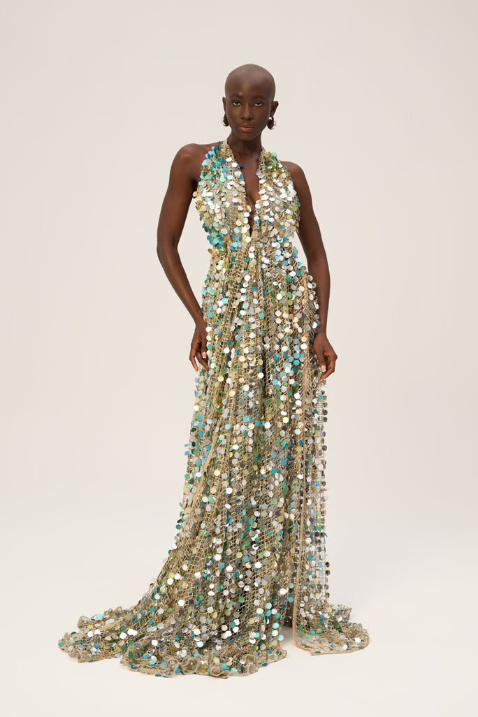 Woman Ocean Divina Sequin Dress with Plunging V-Neckline and Open Back 2002188