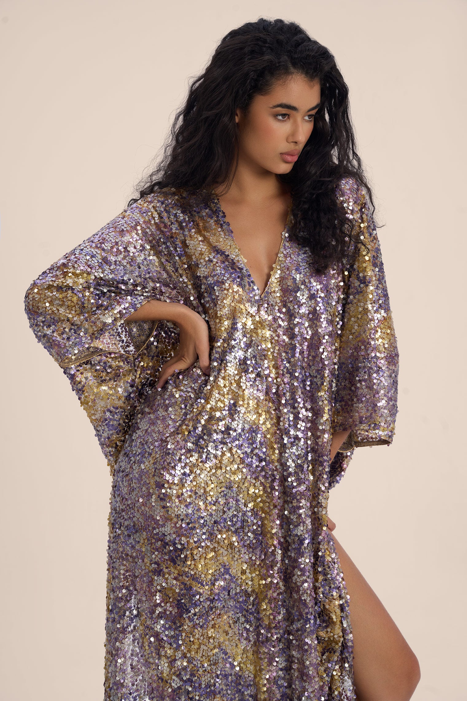 Woman Marie Lou Sequin V-Neckline Kaftan Macchiato 2002534 | Sana Osmani