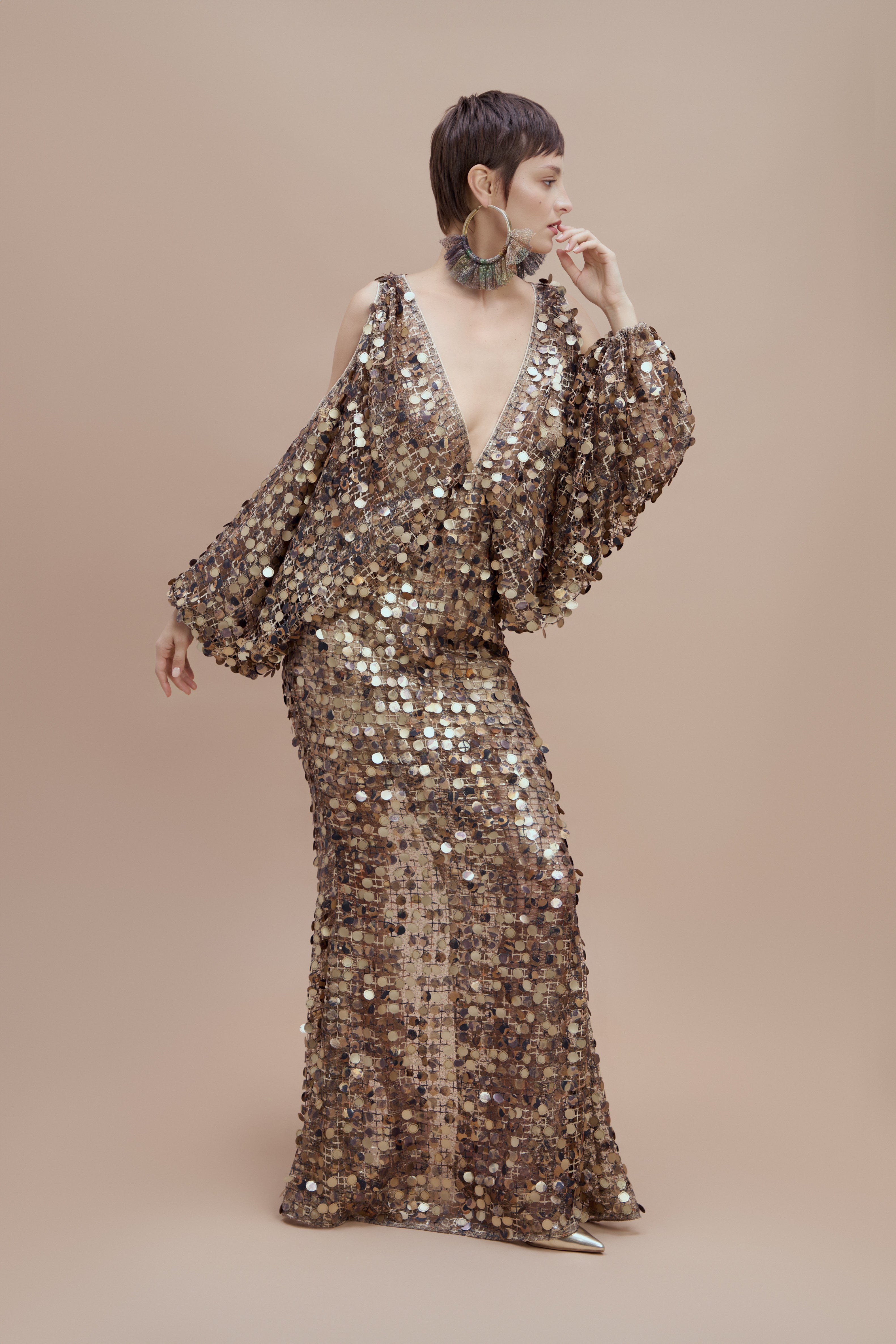 Woman Gold Mimi Sequin Dress with Deep V-Neck and Slit Sleeves 2001903 | Sana Osmani Woman Gold Mimi Sequin Dress with Deep V-Neck and Slit Sleeves 2001903 | Sana Osmani