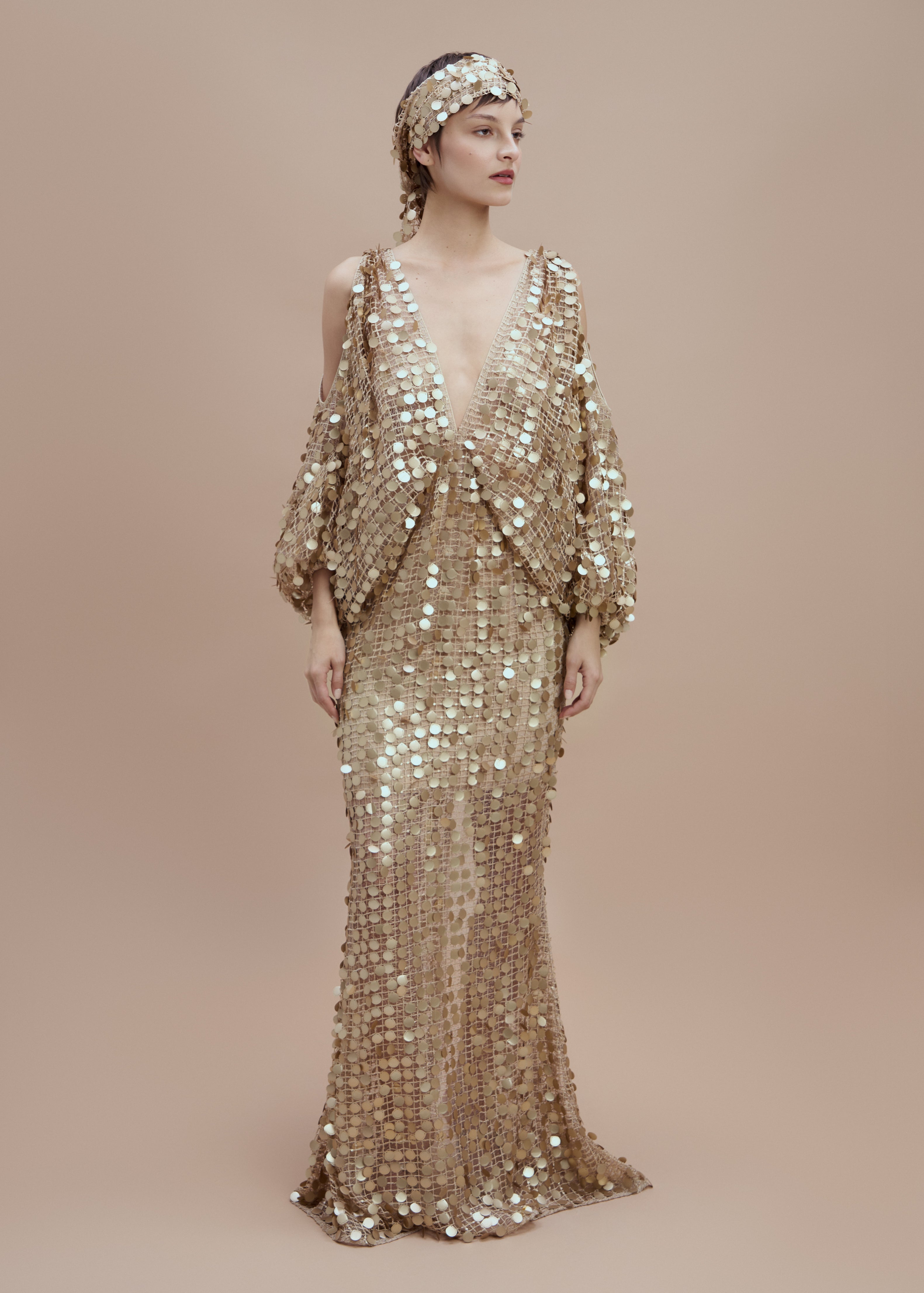 Woman Gold Mimi Sequin Dress with Deep V-Neck and Slit Sleeves 2001903 | Sana Osmani Woman Gold Mimi Sequin Dress with Deep V-Neck and Slit Sleeves 2001903 | Sana Osmani