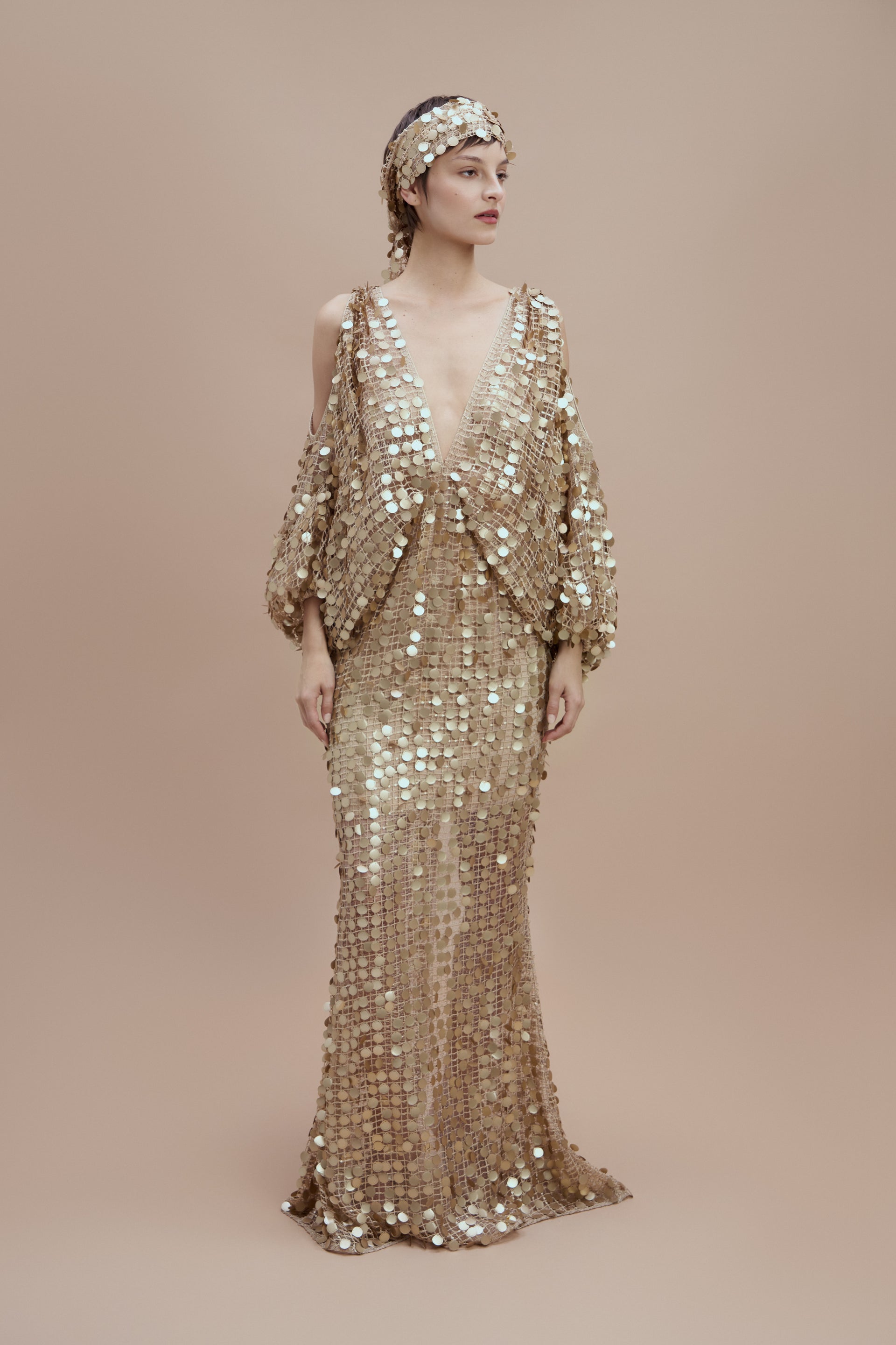 Woman Gold Mimi Sequin Dress with Deep V-Neck and Slit Sleeves 2001903