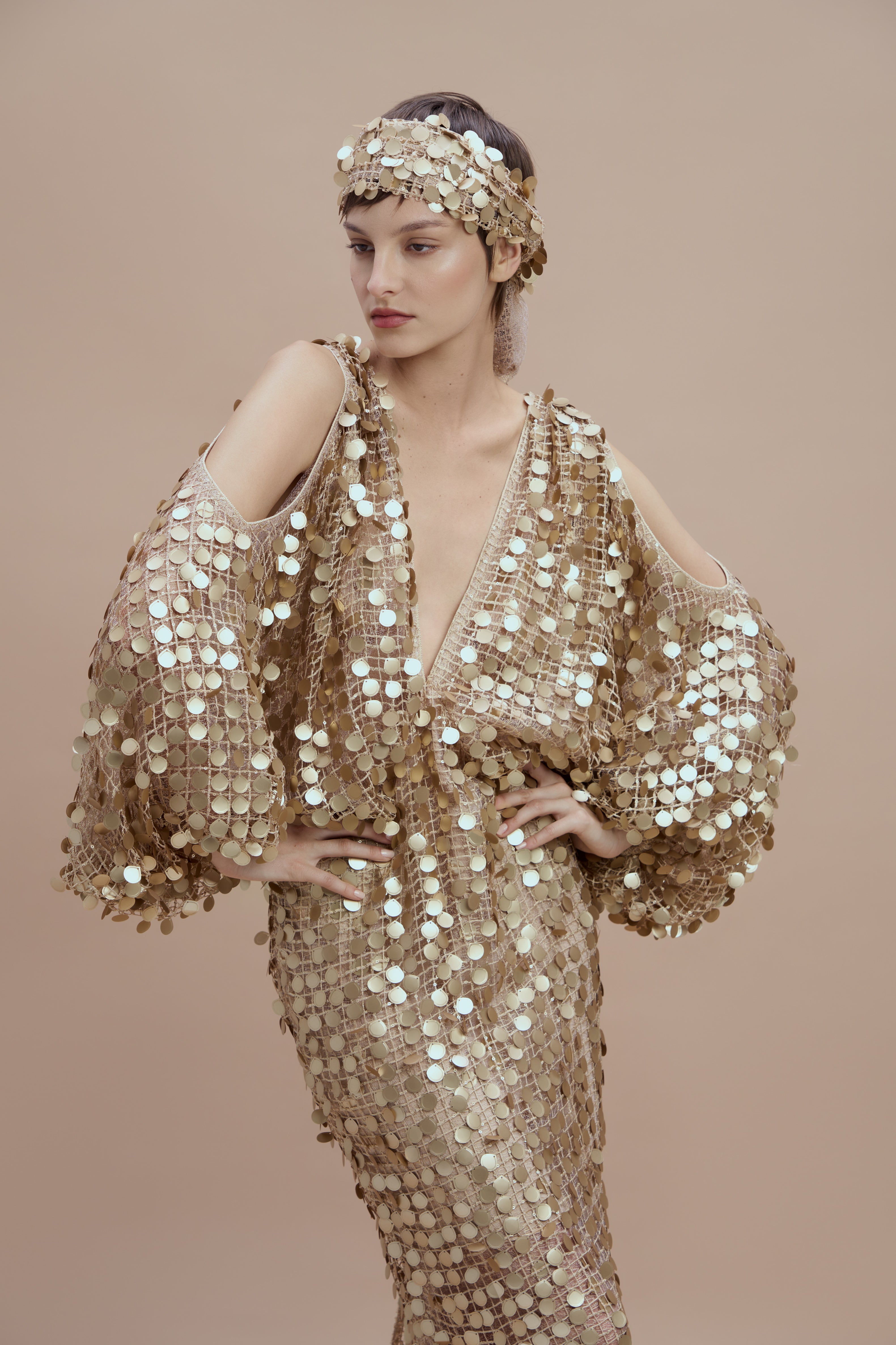 Woman Gold Mimi Sequin Dress with Deep V-Neck and Slit Sleeves 2001903 | Sana Osmani Woman Gold Mimi Sequin Dress with Deep V-Neck and Slit Sleeves 2001903 | Sana Osmani