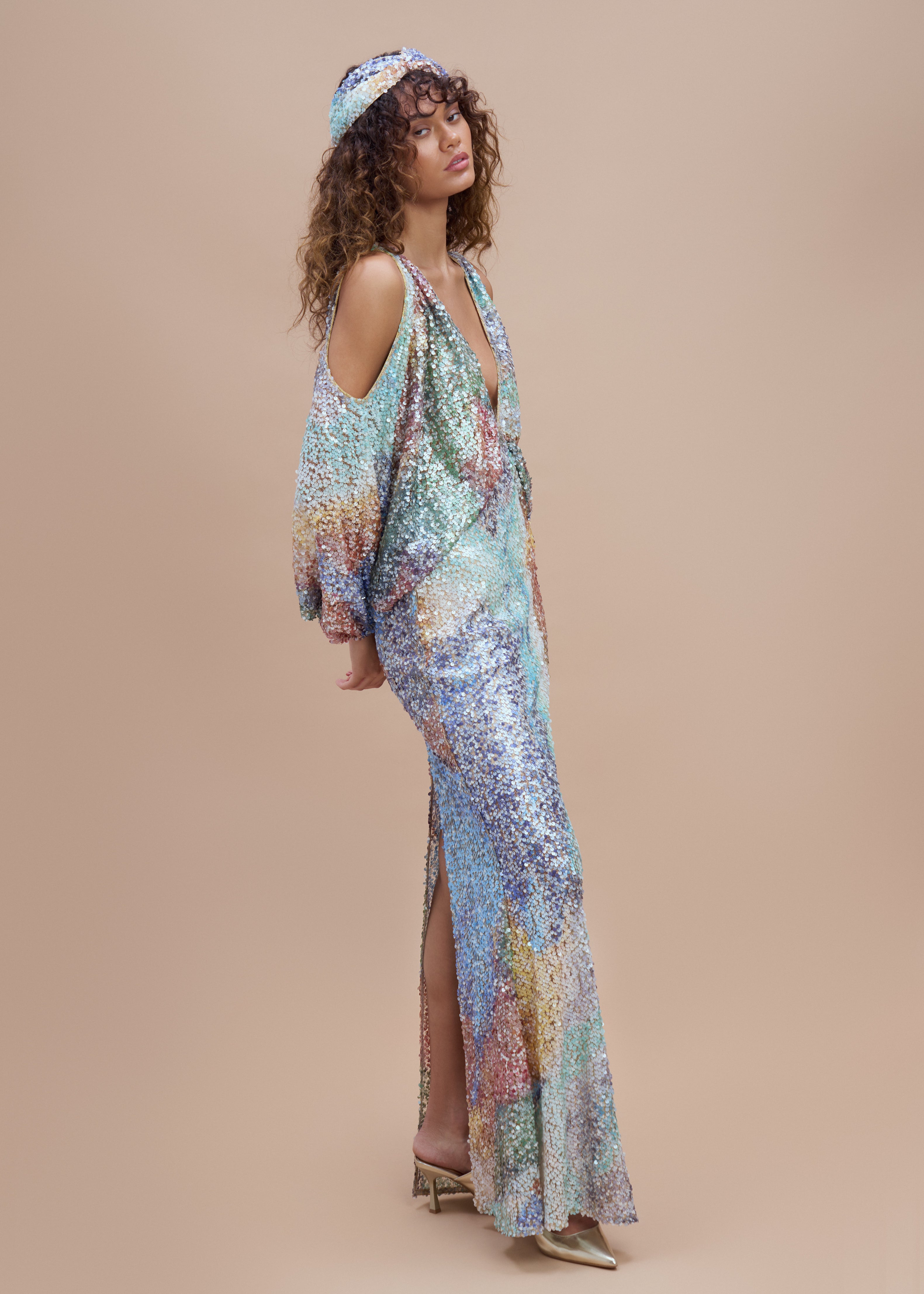 Woman Gold Mimi Sequin Dress with Deep V-Neck and Slit Sleeves 2001903 | Sana Osmani Woman Gold Mimi Sequin Dress with Deep V-Neck and Slit Sleeves 2001903 | Sana Osmani