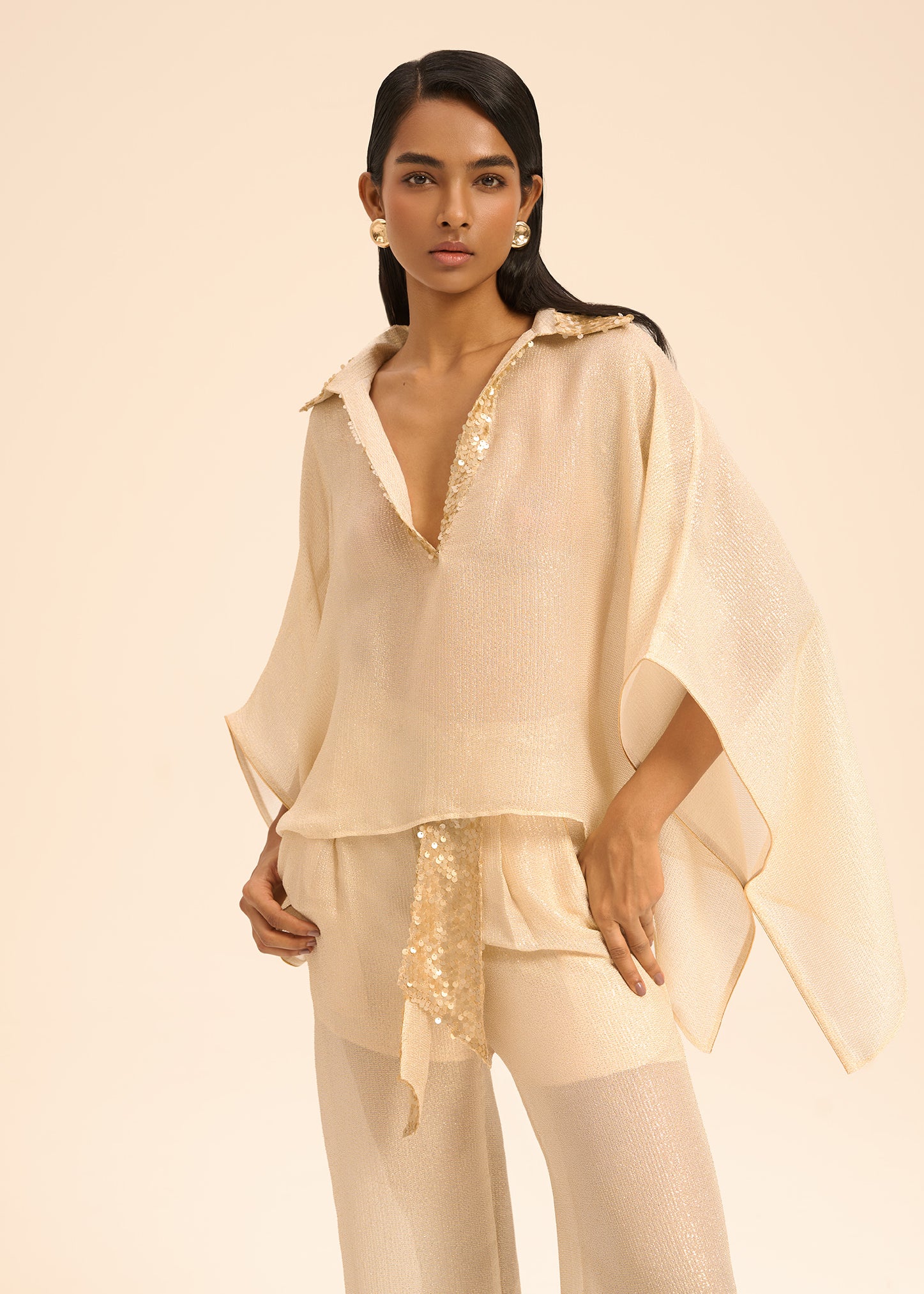 Woman OLIVIA SILK SHIRT AND PANTS SET OFF WHITE GOLD 2003061 | Sana Osmani
