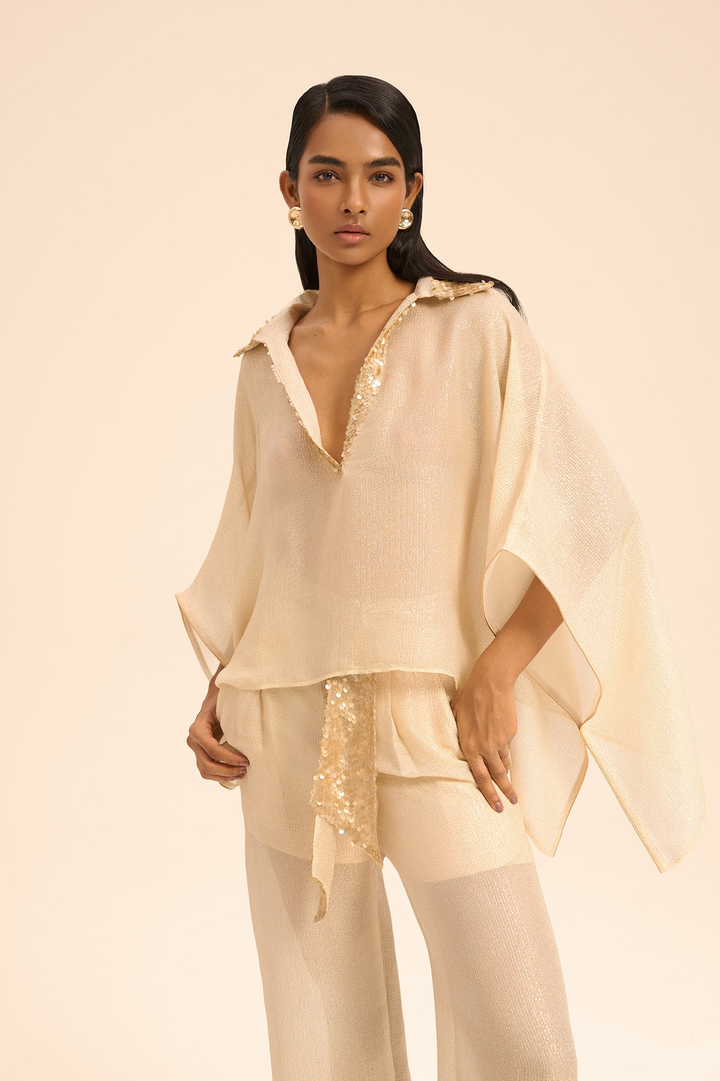 Woman OLIVIA SILK SHIRT AND PANTS SET OFF WHITE GOLD 2003061 | Sana Osmani