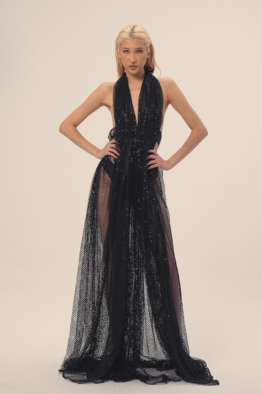 Woman Divina Sequin Dress with Plunging V-Neckline and Open Back Gold 2002187 | Sana Osmani