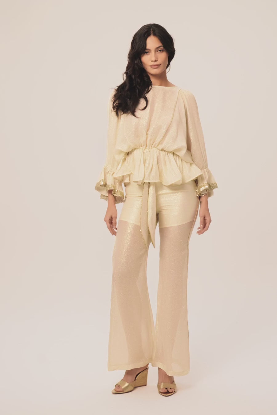 Woman ALINA SILK SHIRT AND PANTS SET OFF WHITE GOLD 2002718 | Sana Osmani