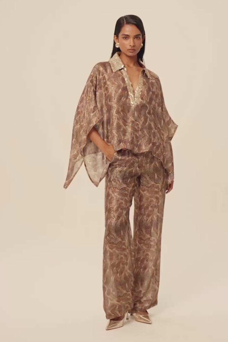 Woman OLIVIA SILK SHIRT AND PANTS SET OFF WHITE GOLD 2003061 | Sana Osmani