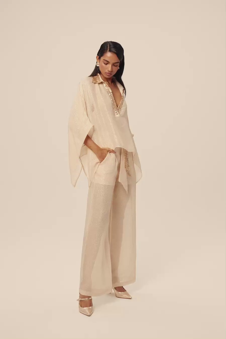 Woman OLIVIA SILK SHIRT AND PANTS SET OFF WHITE GOLD 2003061 | Sana Osmani